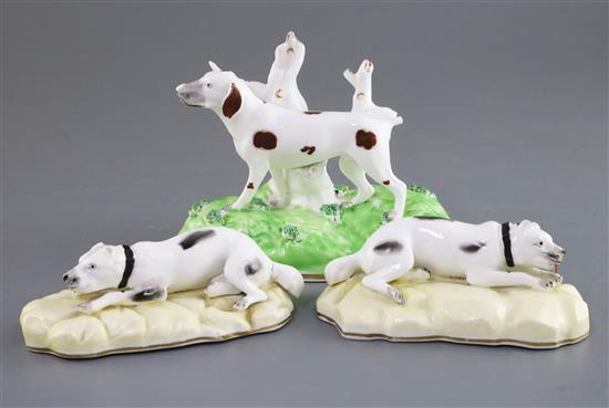 A pair of Samuel Alcock porcelain figures of mastiffs and a similar pointer, c.1840-50, L. 14cm and 16cm, slight faults